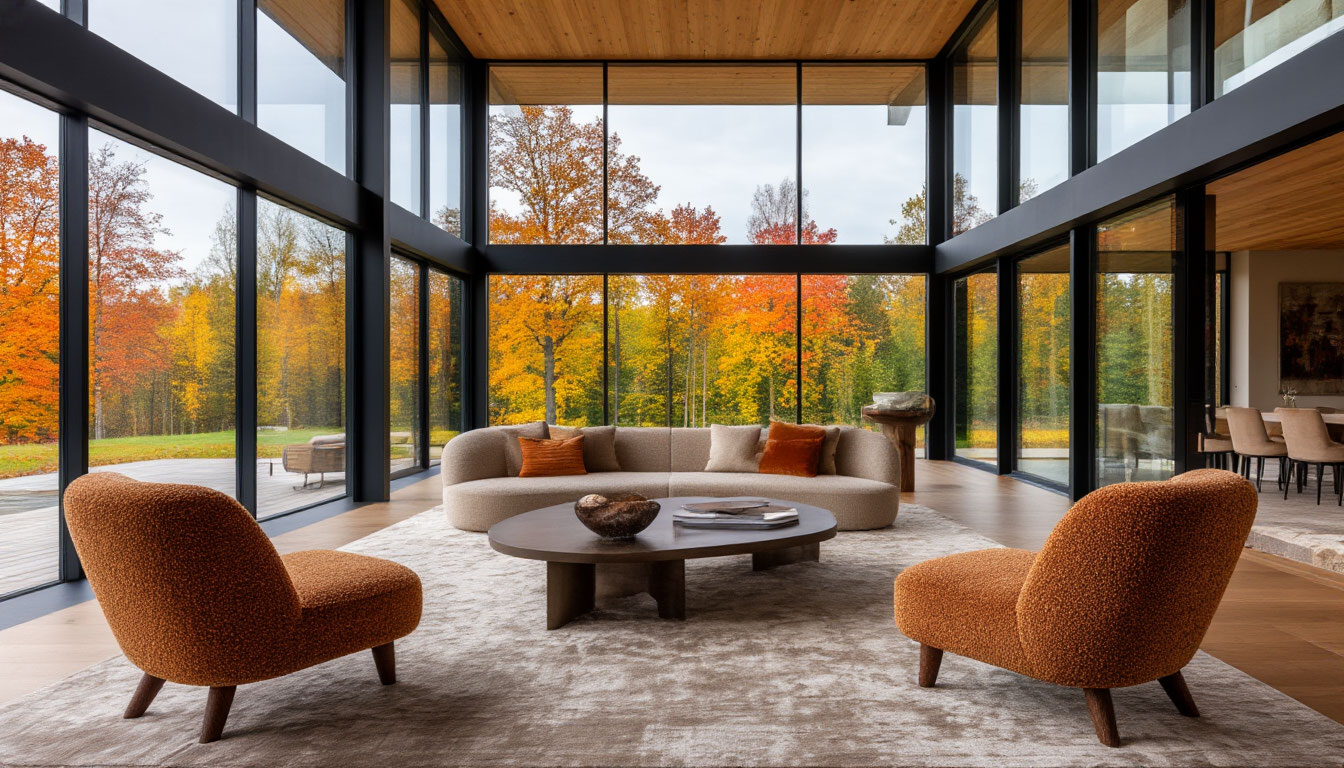 Интерьер поместья фахверк с панорамными окнами фото