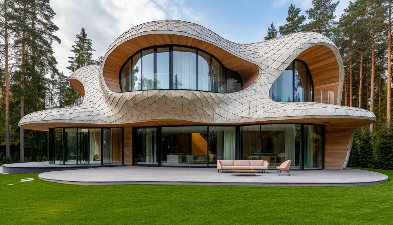 Сложная кровля переъодящая в фасад